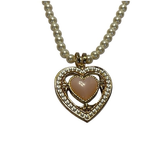 Faux Pearl Necklace w/ Pink Quartz Heart Pendant surrounded with Faux Pearls - Picture 2 of 3